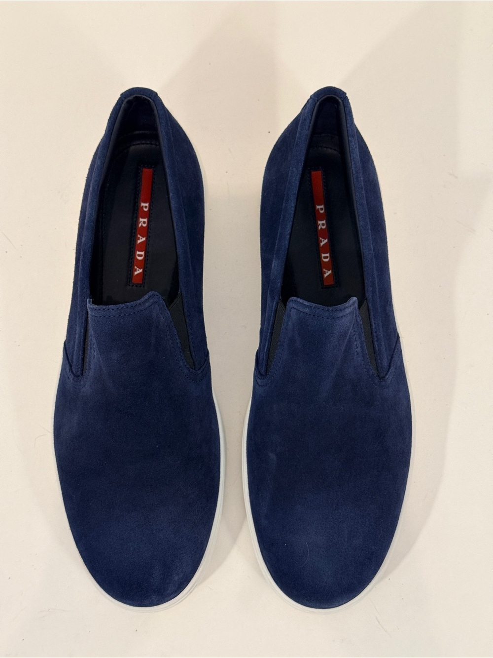Prada Navy Suede Slip-On Loafers with White Sole